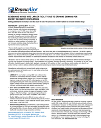 RenewAire Moves into Larger Facility Due to Growing Demand for Energy Recovery Ventilators