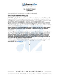 2019 April RenewAire Named a Top Workplace Press Release