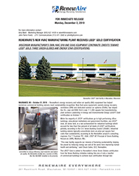 2019 December RenewAire’s New HVAC Manufacturing Plant Receives LEED® Gold Certification Press Release