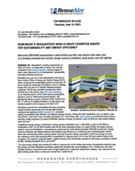 2023 RenewAire’s Headquarters Wins Climate Champion Award for Sustainability and Energy Efficiency